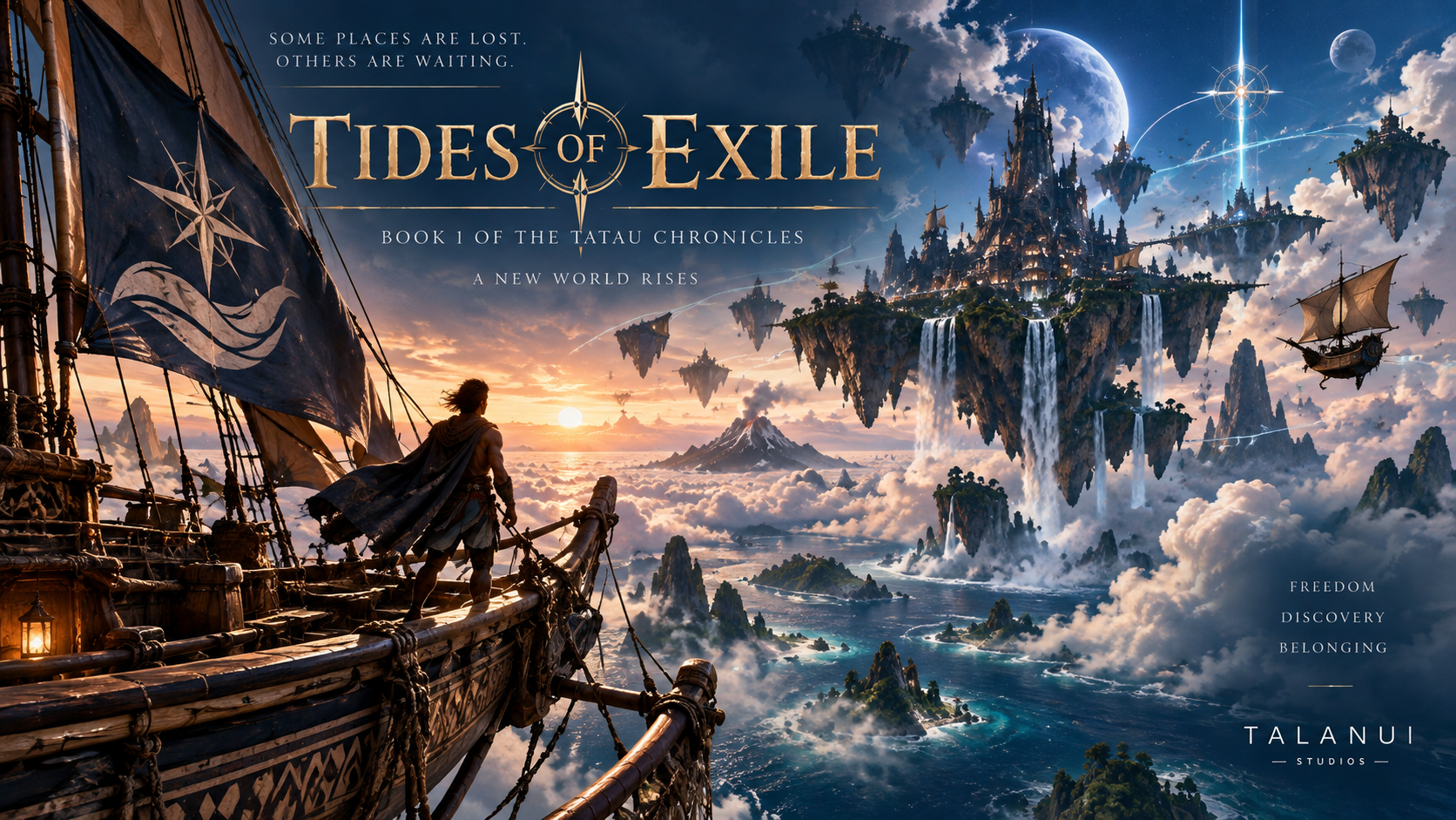 Promotional artwork for Tides of Exile, showing a figure on a skyship deck above floating islands and a sea of clouds.