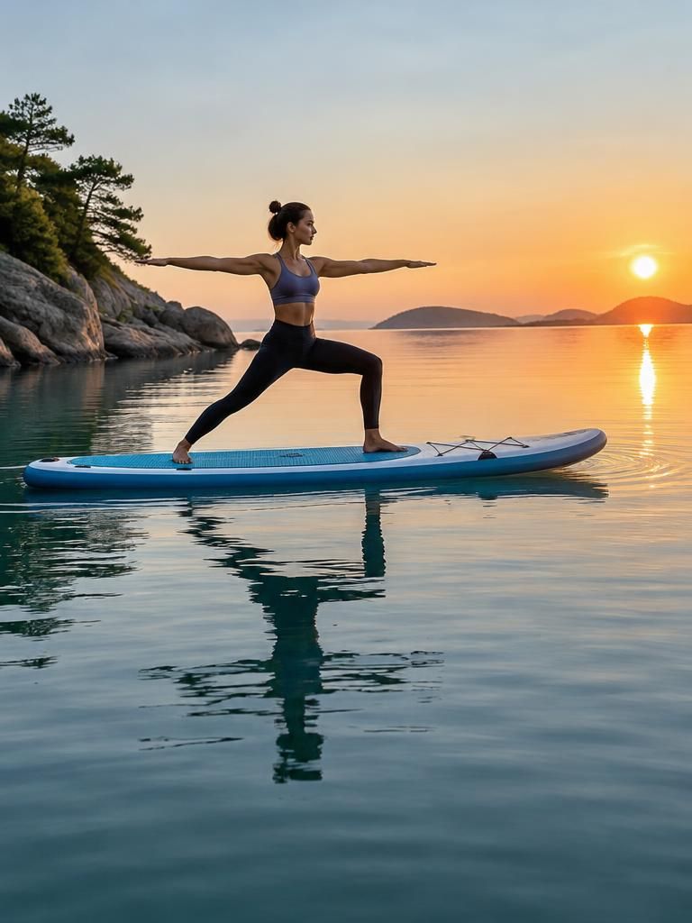 A woman holding a yoga pose on a stable paddleboard in a calm cove at sunrise.